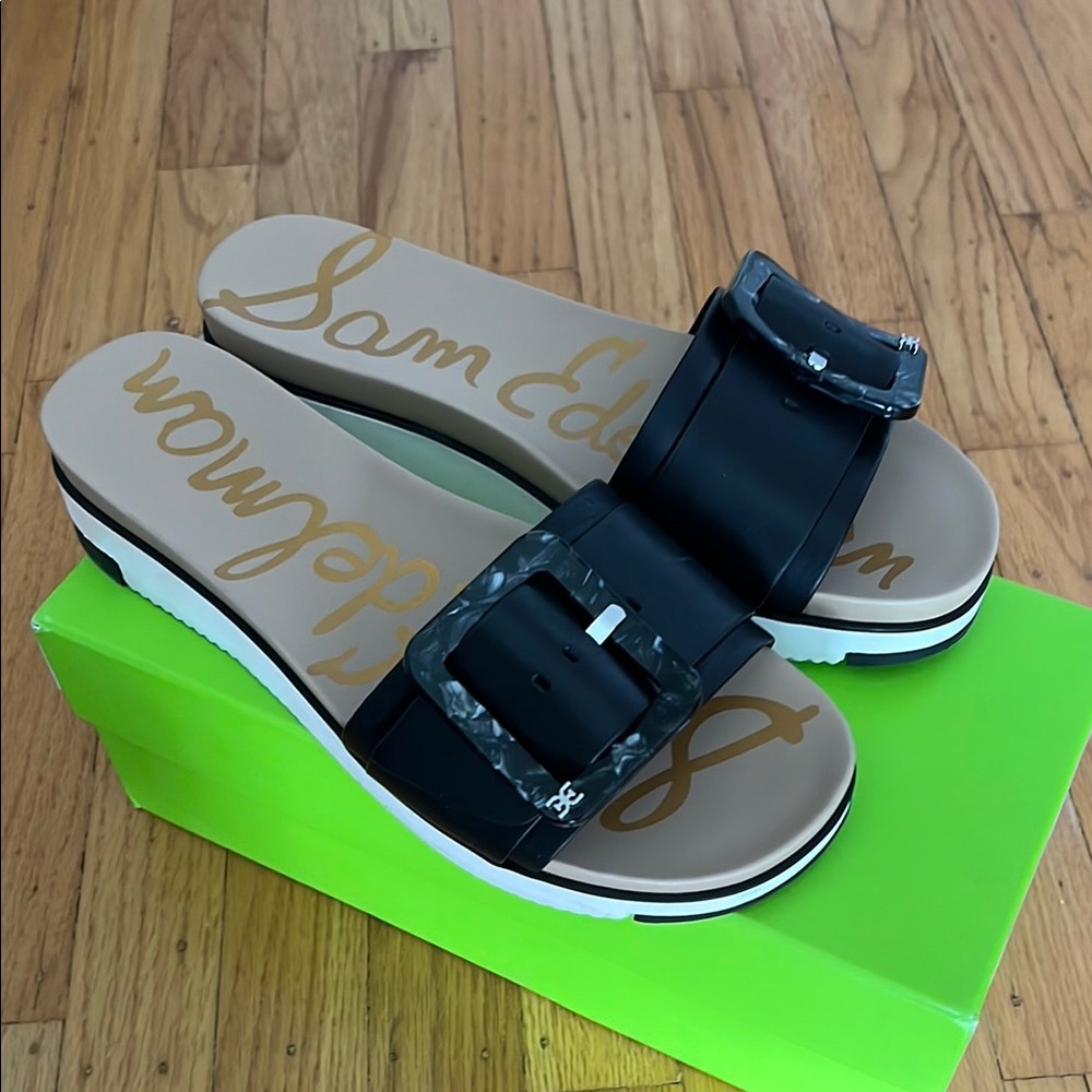EUC Sam Edelman Ariane black leather platform slides sandals 9 1/2 9.5